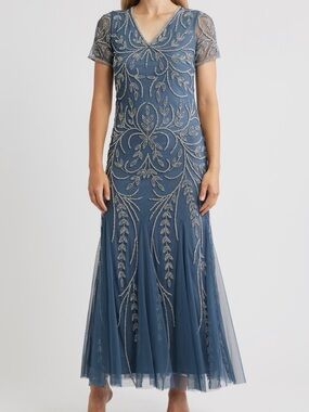 Pisarro Nights Slate Blue Beaded V-Neck Maxi Dress